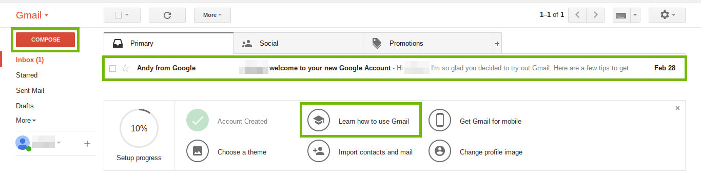 Gmail window with compose, mail message and learn links highlighted
