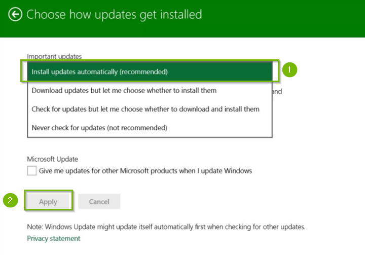 Windows update method selection screen.