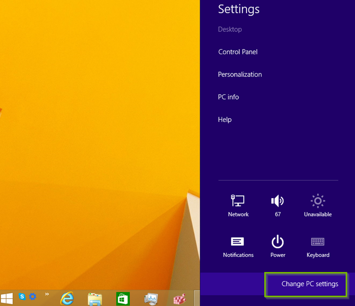 Windows 8.1 sidebar menu with change pc settings highlighted
