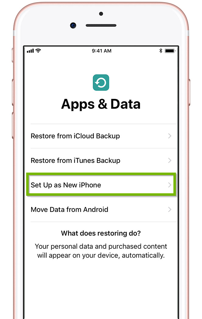 Apps and Data screen with Set Up as New Device selected.