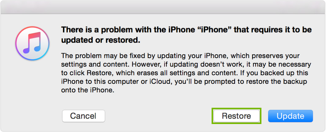 iPhone recovery mode screen with Restore selected. Screenshot.