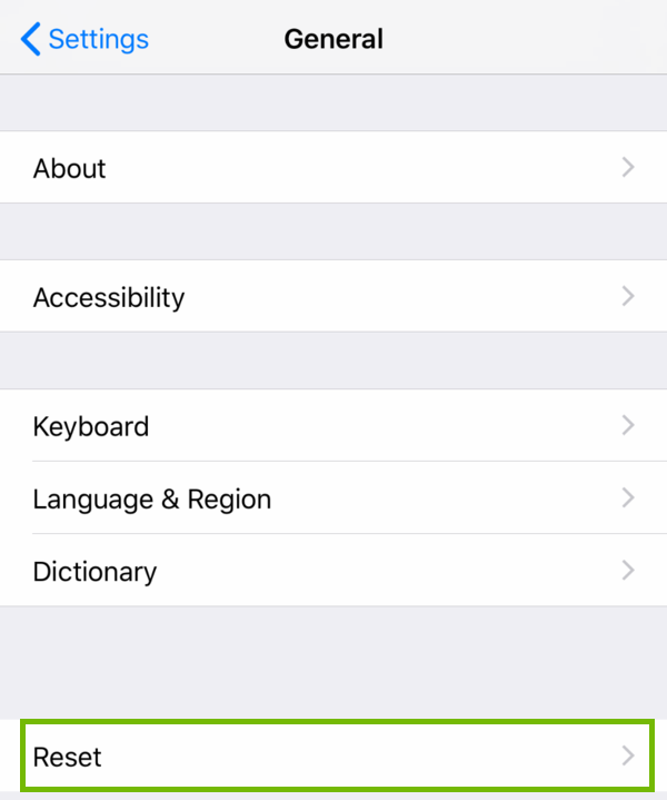 General settings with Reset highlighted.