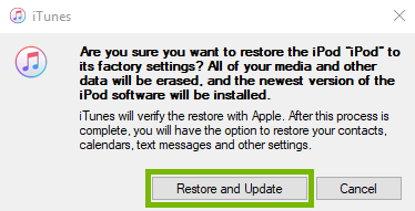 Restore screen with Restore and Update selected. Screenshot.