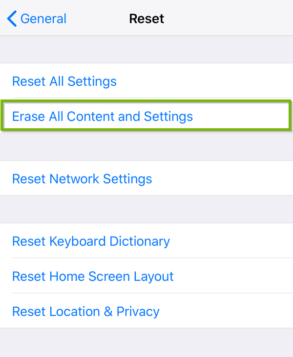 iOS Reset menu highlighting erase all content and settings.
