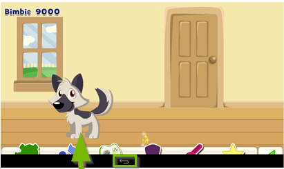 Screenshot of the Pet Play World app on the LeapFrog Epic demonstrating a short swipe upward revealing an exit icon, which is highlighted.