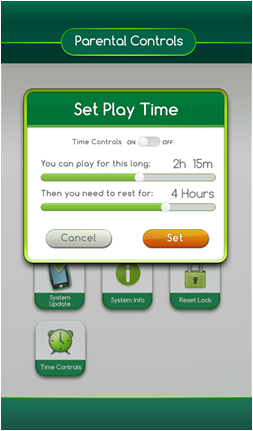 Screenshot of the LeapPad Ultimate's parental controls menu displaying the set play time settings.