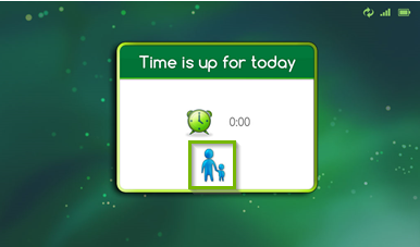 Screenshot of the LeapPad Ultimate's interface displaying a time is up for today prompt, highlighting a parent and child icon.