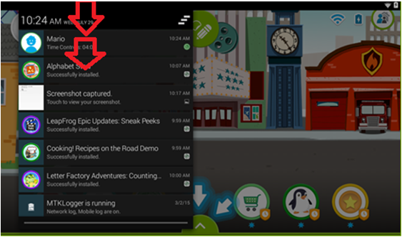 Screenshot of the LeapFrog Epic's interface highlighting the need to swipe downward from the top left of the screen.