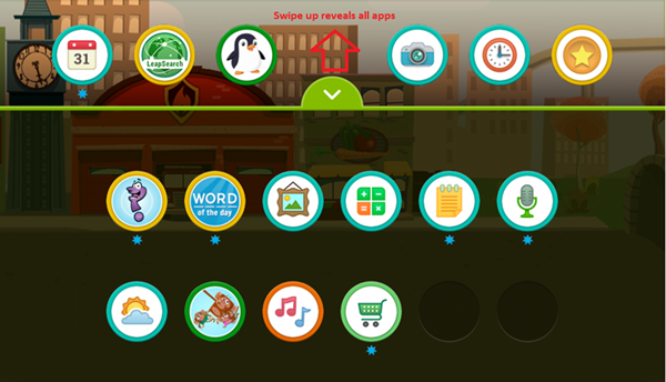 LeapFrog Epic's interface depicting the user swiping upward from the bottom of the screen to reveal all apps.