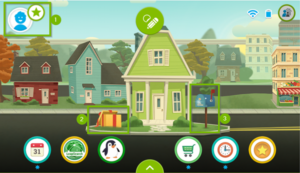 LeapFrog Epic's home screen highlighting the rewards store icon, the gift box icon, and the mailbox icon.