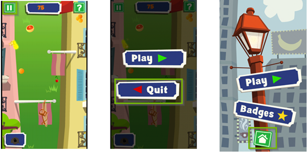 Stretchy Monkey 2 app on the LeapFrog Epic highlighting the pause, quit, and home buttons.