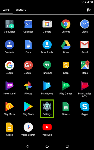 Android screen with Settings highlighted