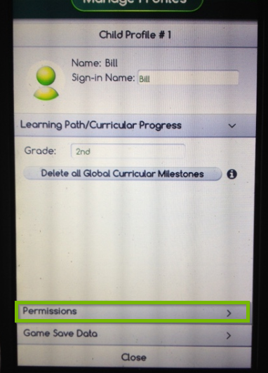 Screenshot of the LeapPad Ultimate's child profile screen with the permissions button highlighted towards the bottom of the screen.