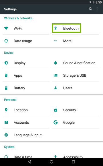 Android screen with Bluetooth highlighted