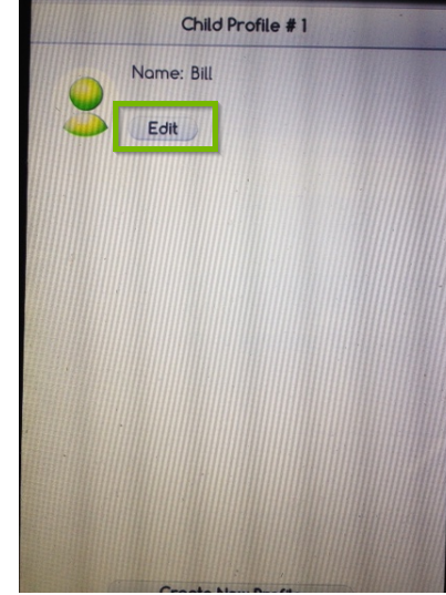 Screenshot of the LeapPad Ultimate's child profile screen with the edit button highlighted underneath the name of the current child profile.