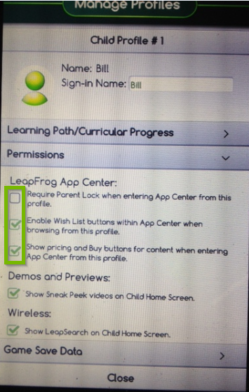 Screenshot of the LeapPad Ultimate's child profile screen highlighting the various permission options that can be altered within a child profile.