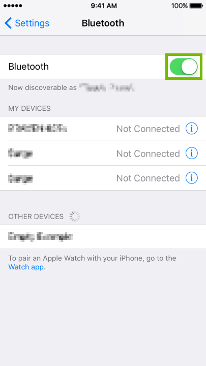 Bluetooth settings with switch highlighted