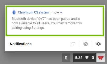 Chrome pop-up message indicating a bluetooth device is now connected