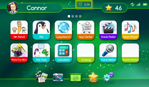 Screenshot of the LeapPad Ultimate's home screen highlighting remaining usage time across the top of the screen.