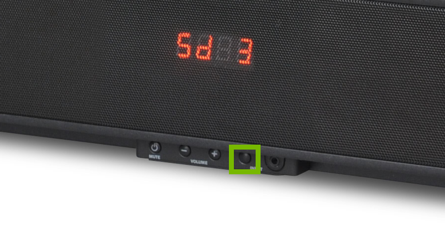 Front of speaker and inputs with the input button highlighted