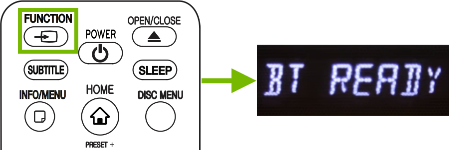 Function button highlighted on remote control and BT Ready message showing in units display.