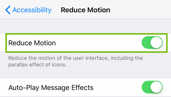 Reduce Motion menu with Reduce Motion highlighted.