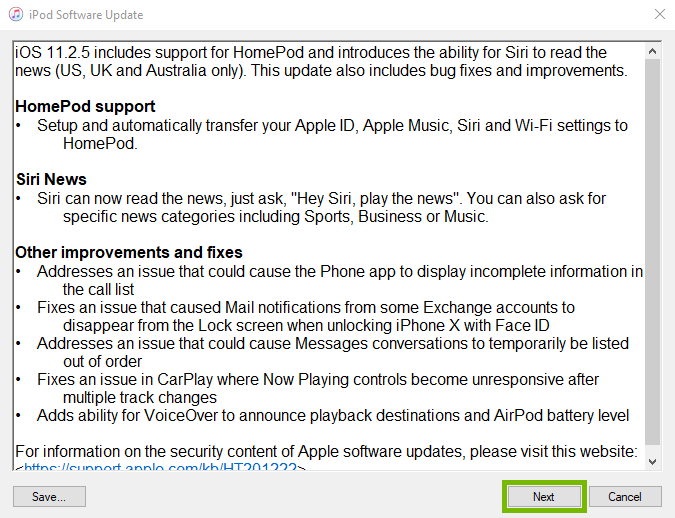 Firmware summary screen with Next button selected. Screenshot.