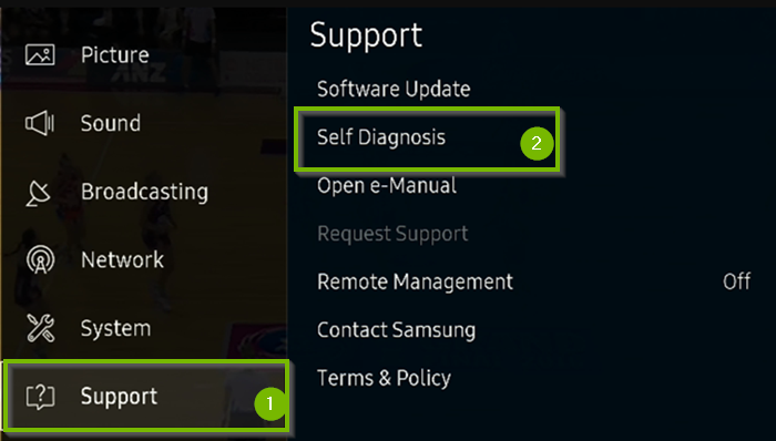 TV menu with Support, then Self Diagnosis selected. Screenshot.