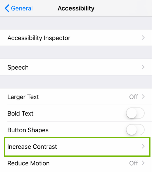 Accessibility settings with Increase Contrast highlighted.