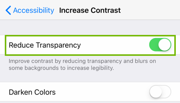 Increase Contract settings with Reduce Transparency highlighted.