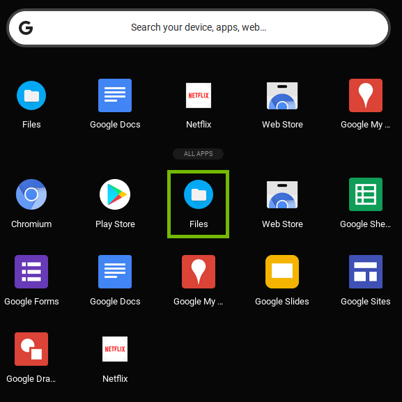 App drawer with file app highlighted