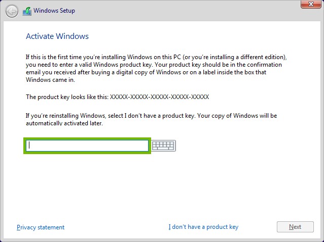 Product key field highlighted
