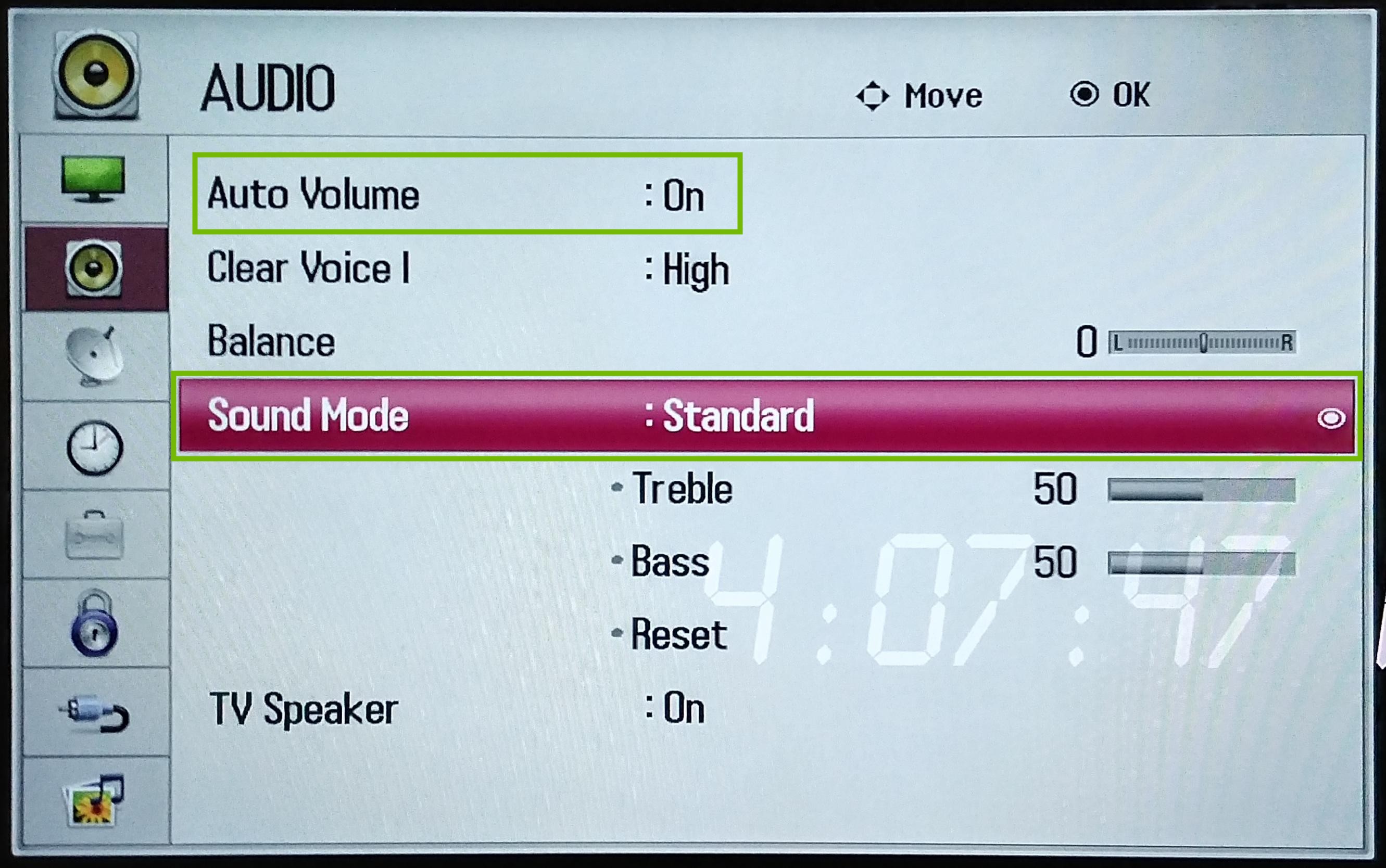Audio Menu with Auto Volume and Sound Mode highlighted.