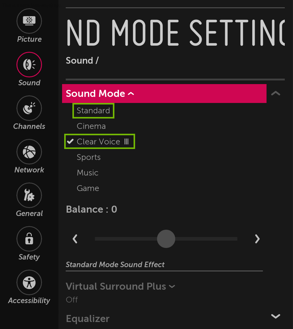 Sound Mode Settings with Standard and Clear Voice highlighted.