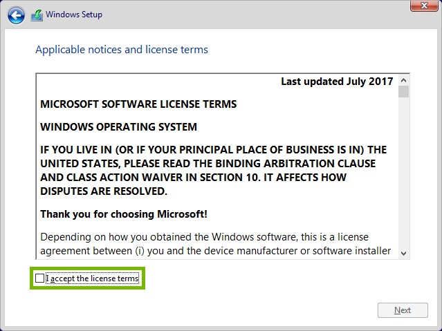 I accept the license terms highlighted