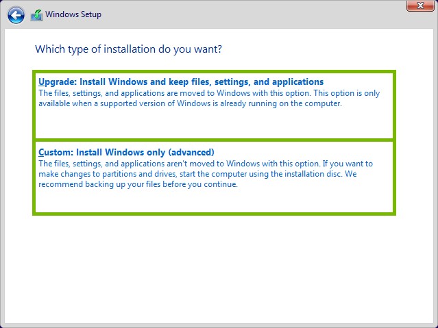 Upgrade and Custom install boxes highlighted