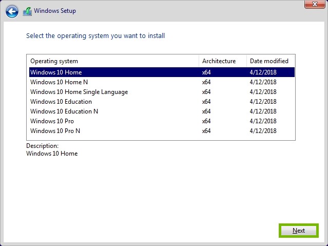 Next button highlighted