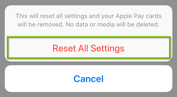 Reset all settings prompt with Reset All Settings highlighted.