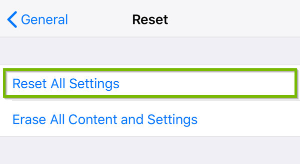 Reset settings with Reset All Settings highlighted.