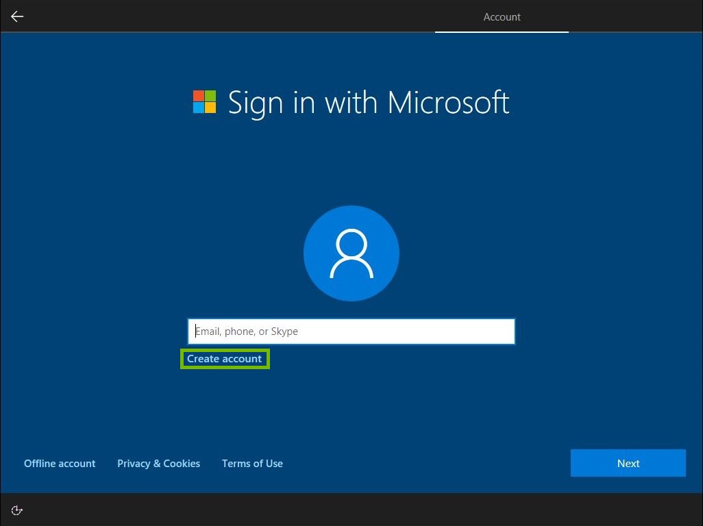 Create account highlighted