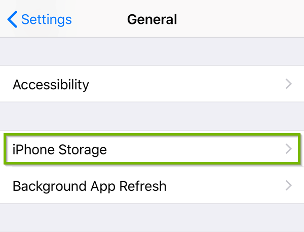 General Settings with Storage highlighted.