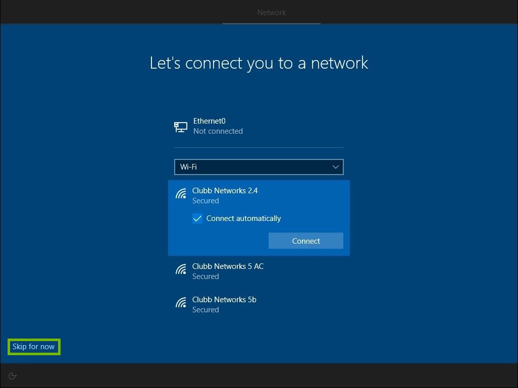 Network setup page with skip for now highlighted