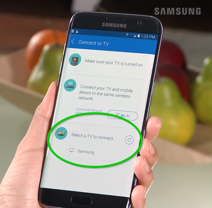 Samsung phone showing app with select a tv to connect selected