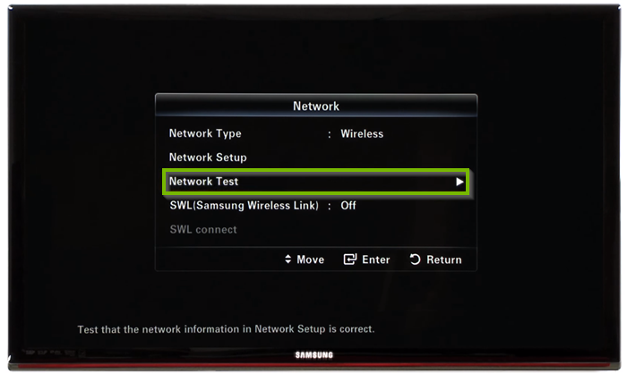 Network settings with Network Test selected. Screenshot.