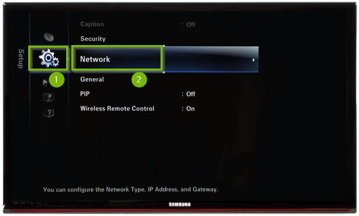 Setup menu with Network selected. Screenshot.