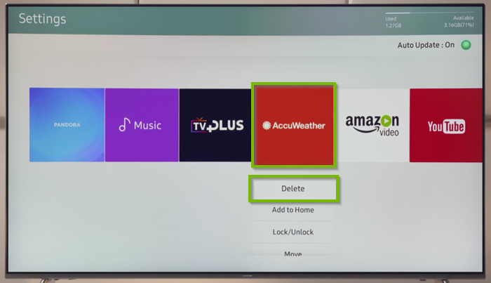 Apps settings with delete button selected on example app. Screenshot.