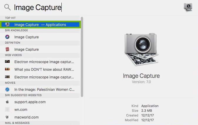 Spotlight with Image Capture app highlighted