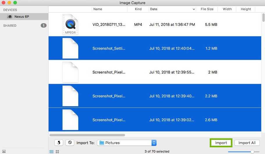 Image Capture with import button highlighted