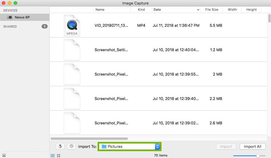 Image Capture with Import Folder highlighted