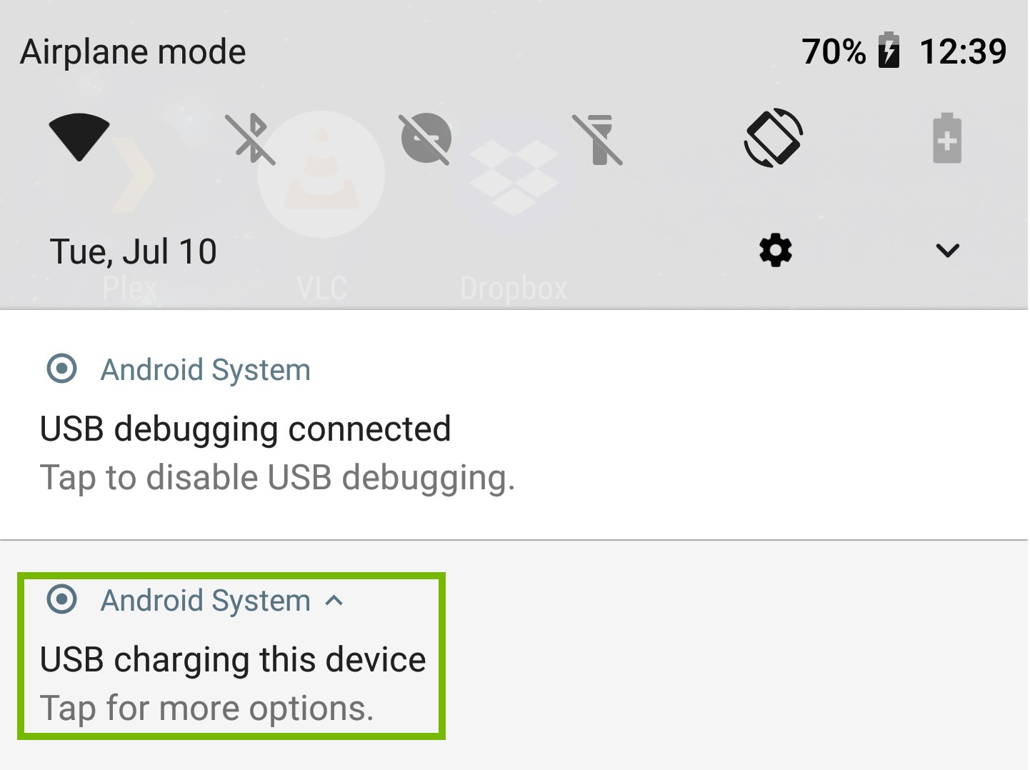 Notifications with USB Mode expanded